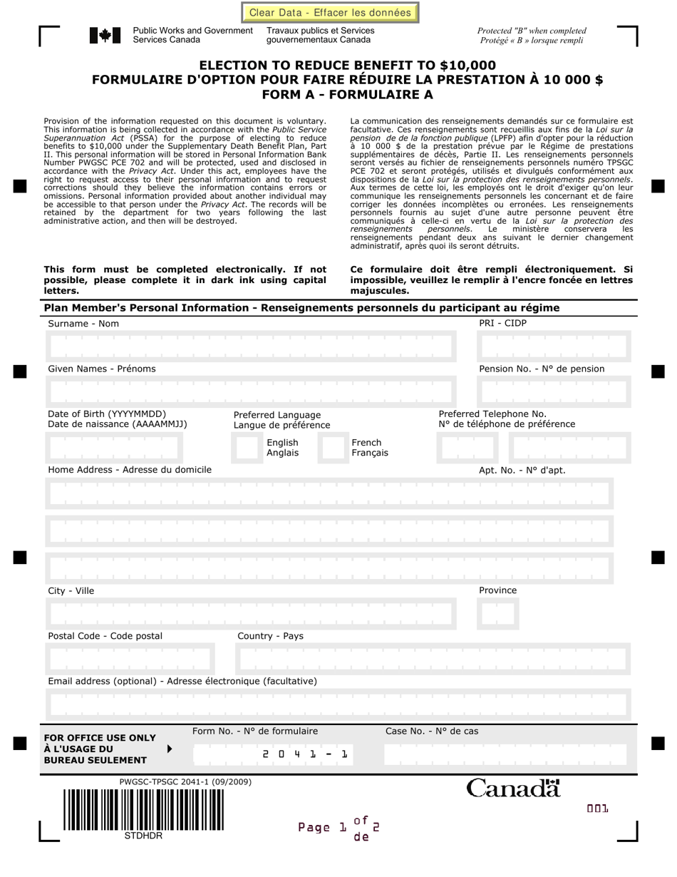 Form PWGSC-TPSGC2041-1 (A) Election to Reduce Benefit to $10,000 - Canada (English / French), Page 1