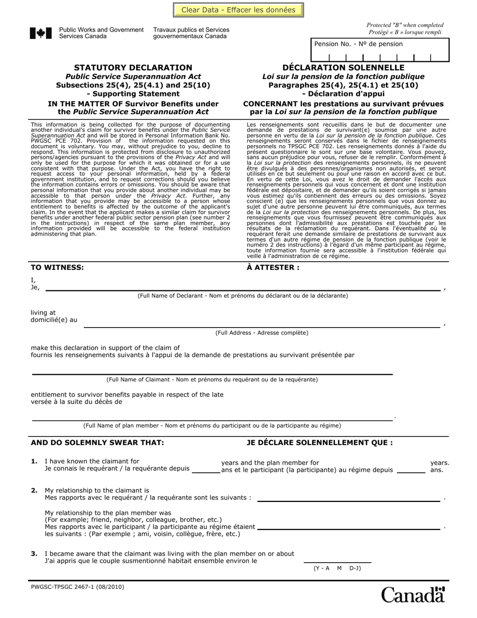Form PWGSC-TPSGC2467-1 Statutory Declaration - Canada (English / French), Page 1