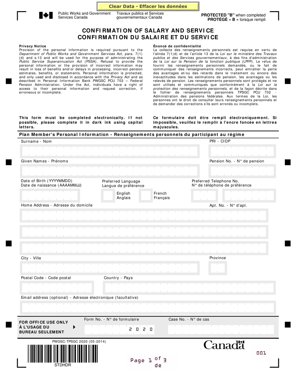 Form PWGSC-TPSGC2020 Confirmation of Salary and Service - Canada (English / French), Page 1