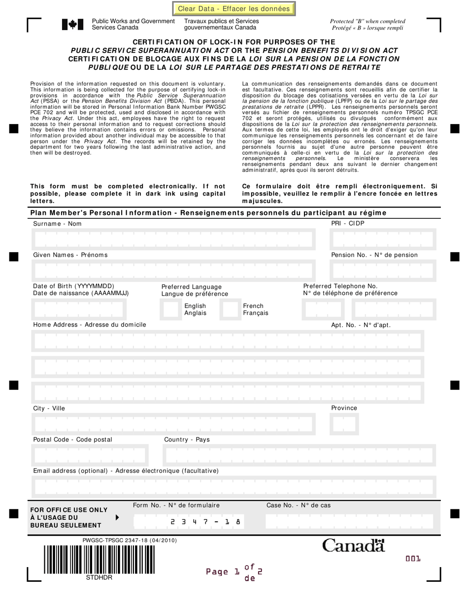 Form PWGSC-TPSGC2347-18 Certification of Lock-In for Purposes of the Public Service Superannuation Act or the Pension Benefits Division Act - Canada (English/French), Page 1