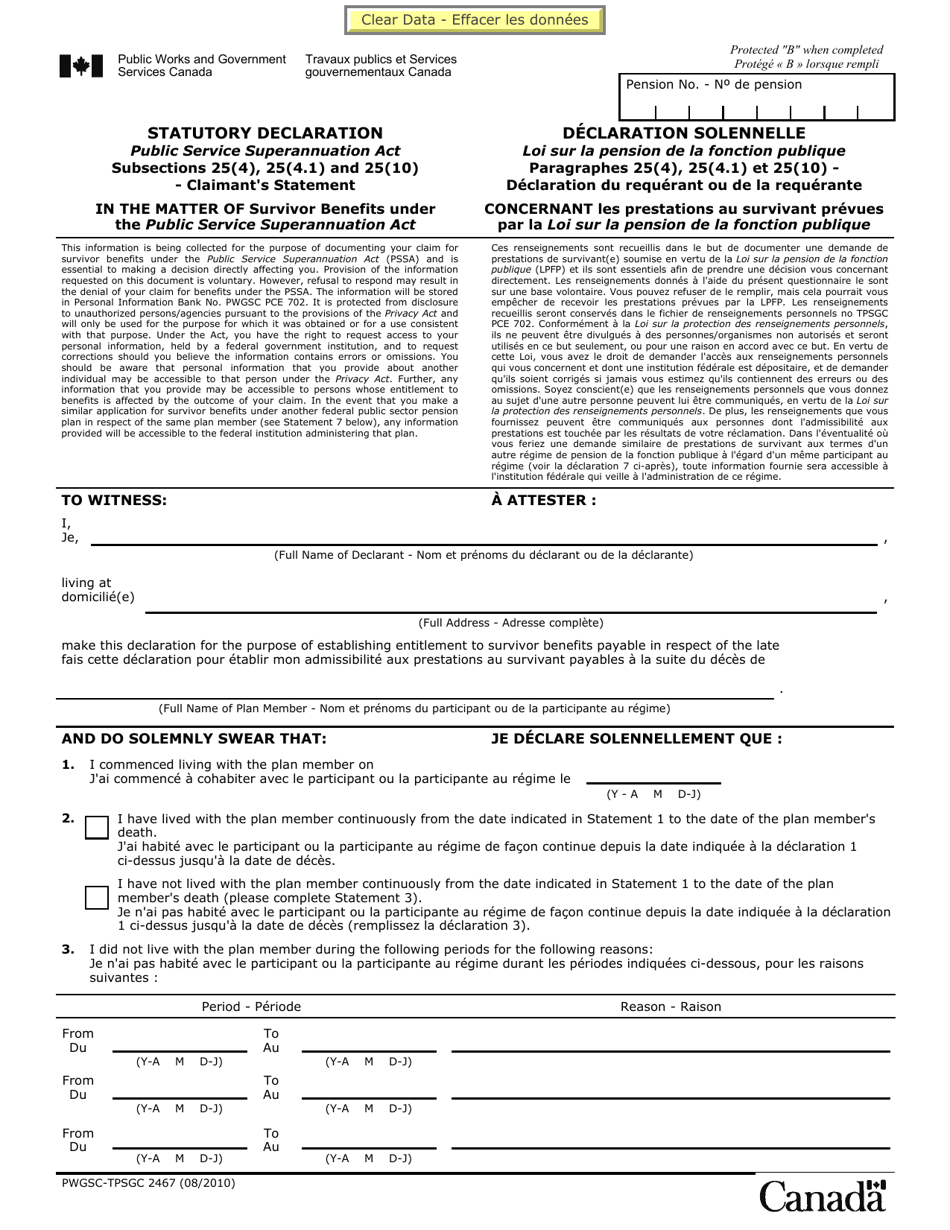 Form PWGSC-TPSGC2467 Statutory Declaration - Canada (English / French), Page 1