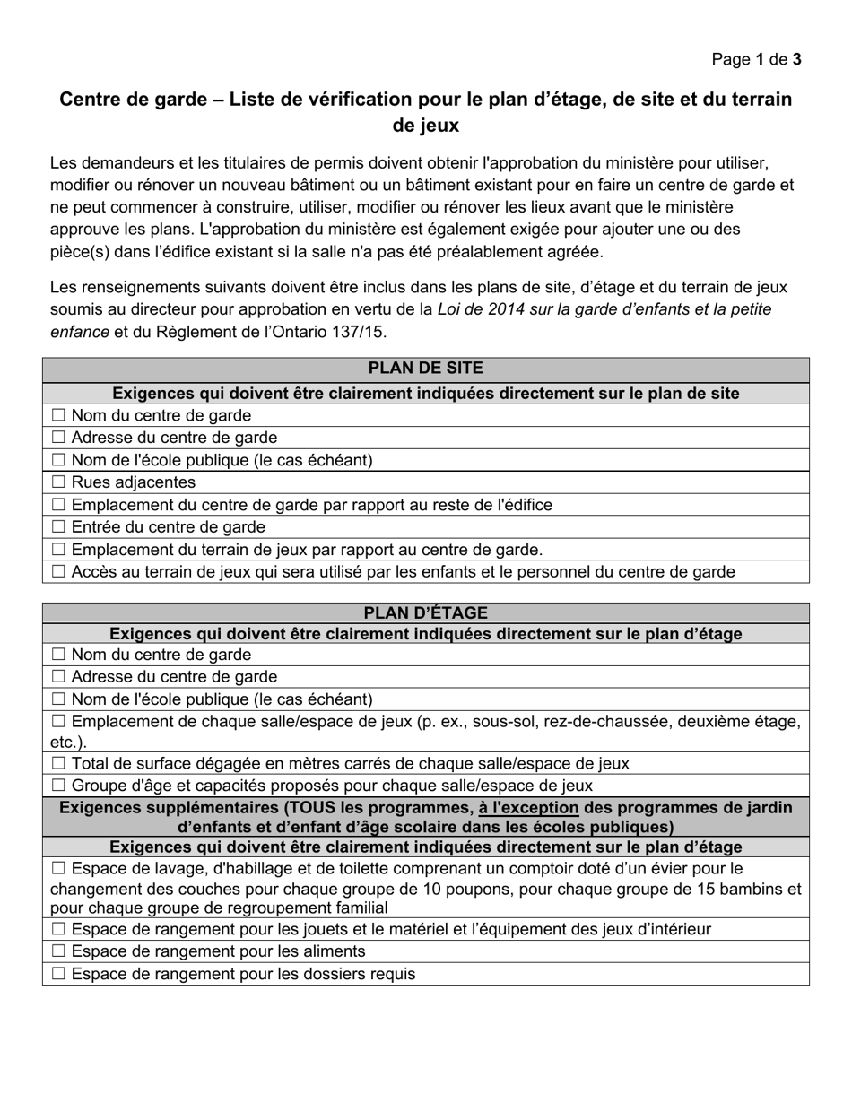 Centre De Garde - Liste De Verification Pour Le Plan Detage, De Site Et Du Terrain De Jeux - Ontario, Canada (French), Page 1