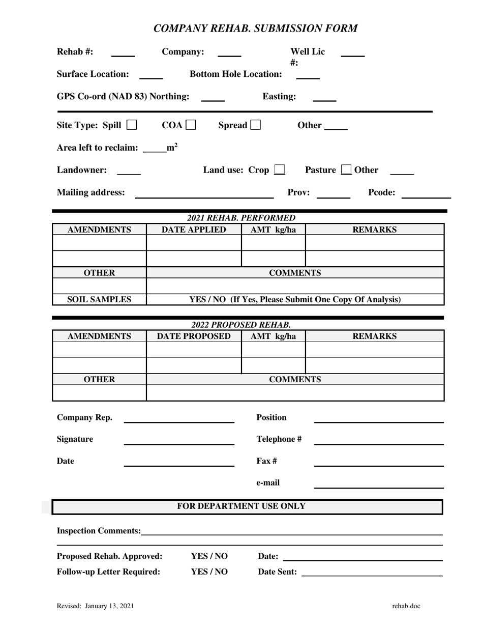 Company Rehab. Submission Form - Manitoba, Canada, Page 1