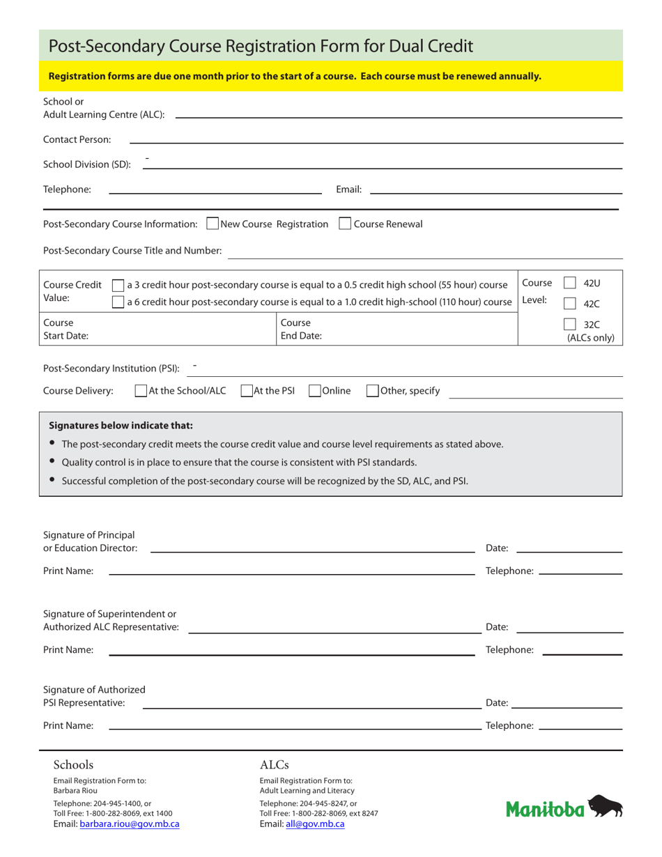 Post-secondary Course Registration Form for Dual Credit - Manitoba, Canada, Page 1