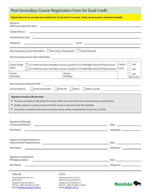 Post-secondary Course Registration Form for Dual Credit - Manitoba, Canada Download Pdf
