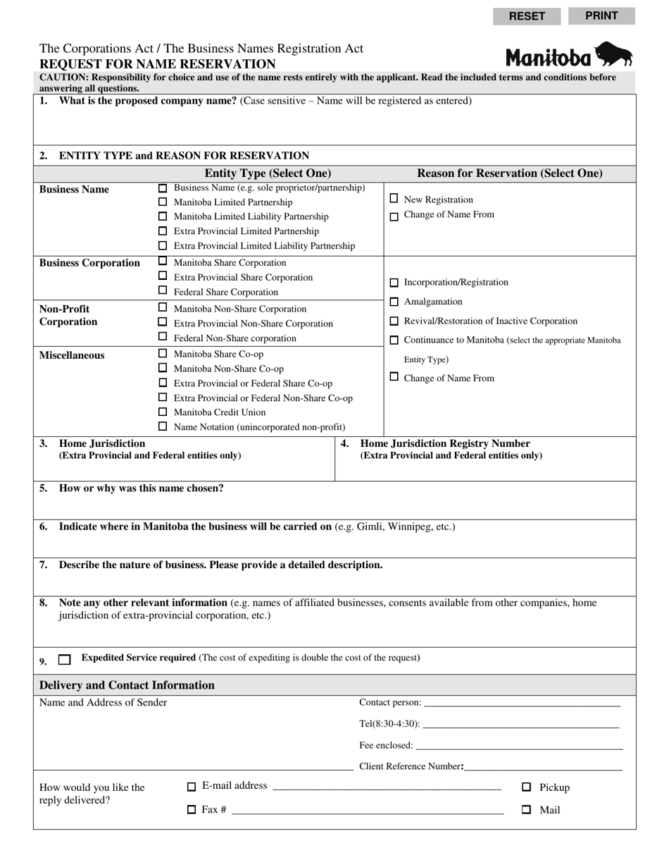Request for Name Reservation - Manitoba, Canada, Page 1