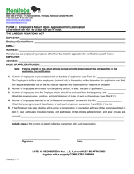 Form C &quot;Employer's Return Upon Application for Certification&quot; - Manitoba, Canada
