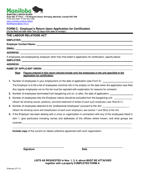 Form C Employer's Return Upon Application for Certification - Manitoba, Canada