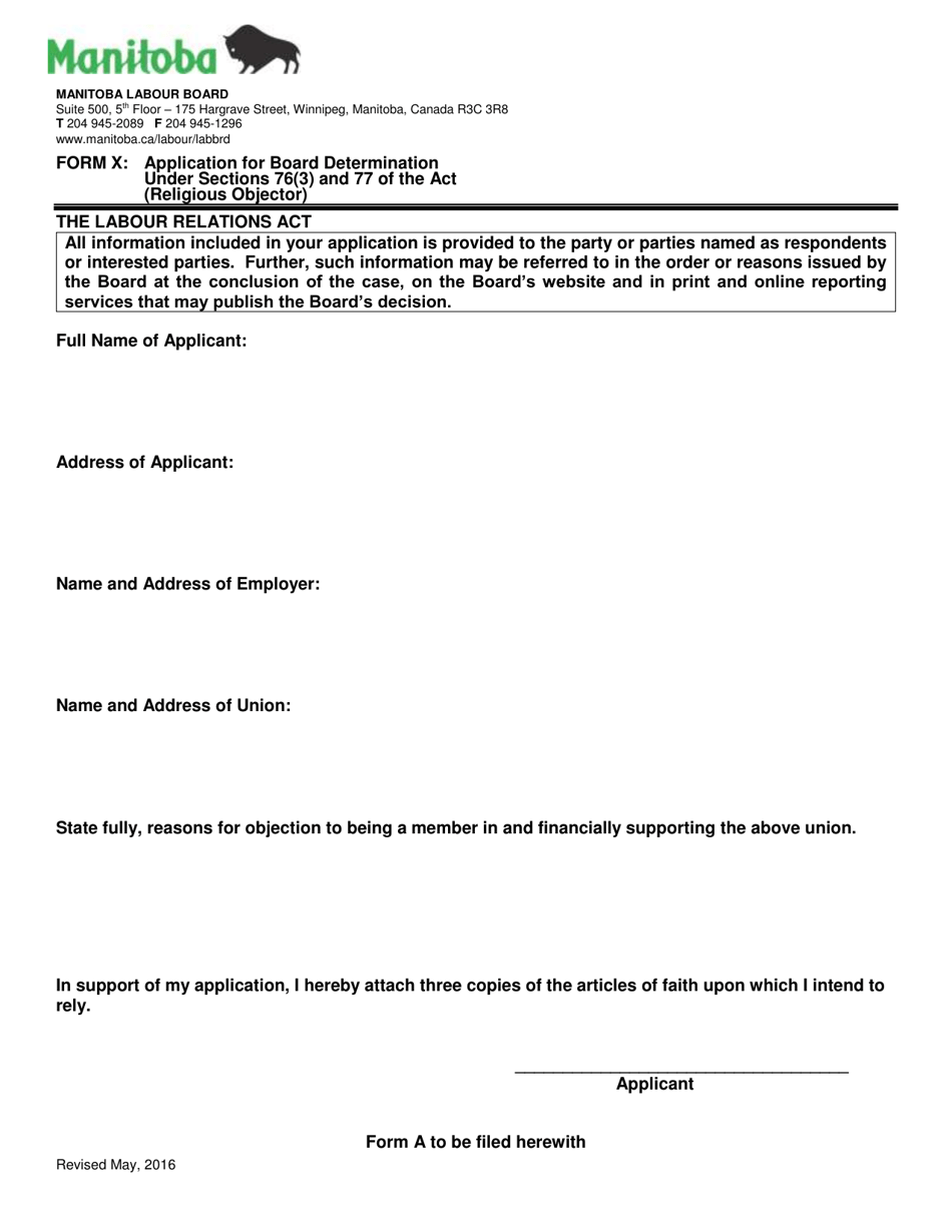 Form X Application for Board Determination Under Sections 76(3) and 77 of the Act (Religious Objector) - Manitoba, Canada, Page 1