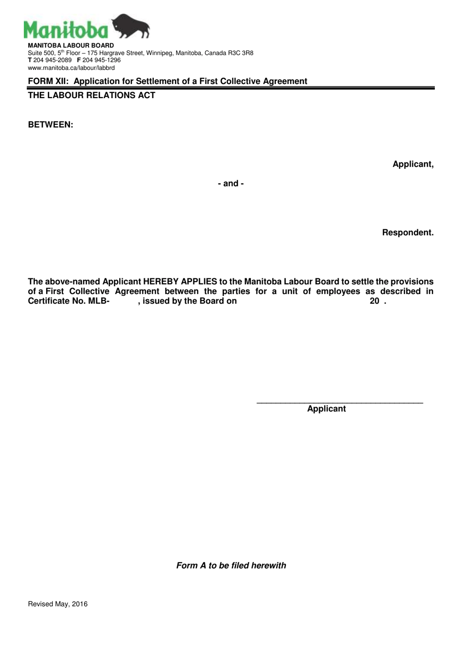 Form XII Application for Settlement of a First Collective Agreement - Manitoba, Canada, Page 1