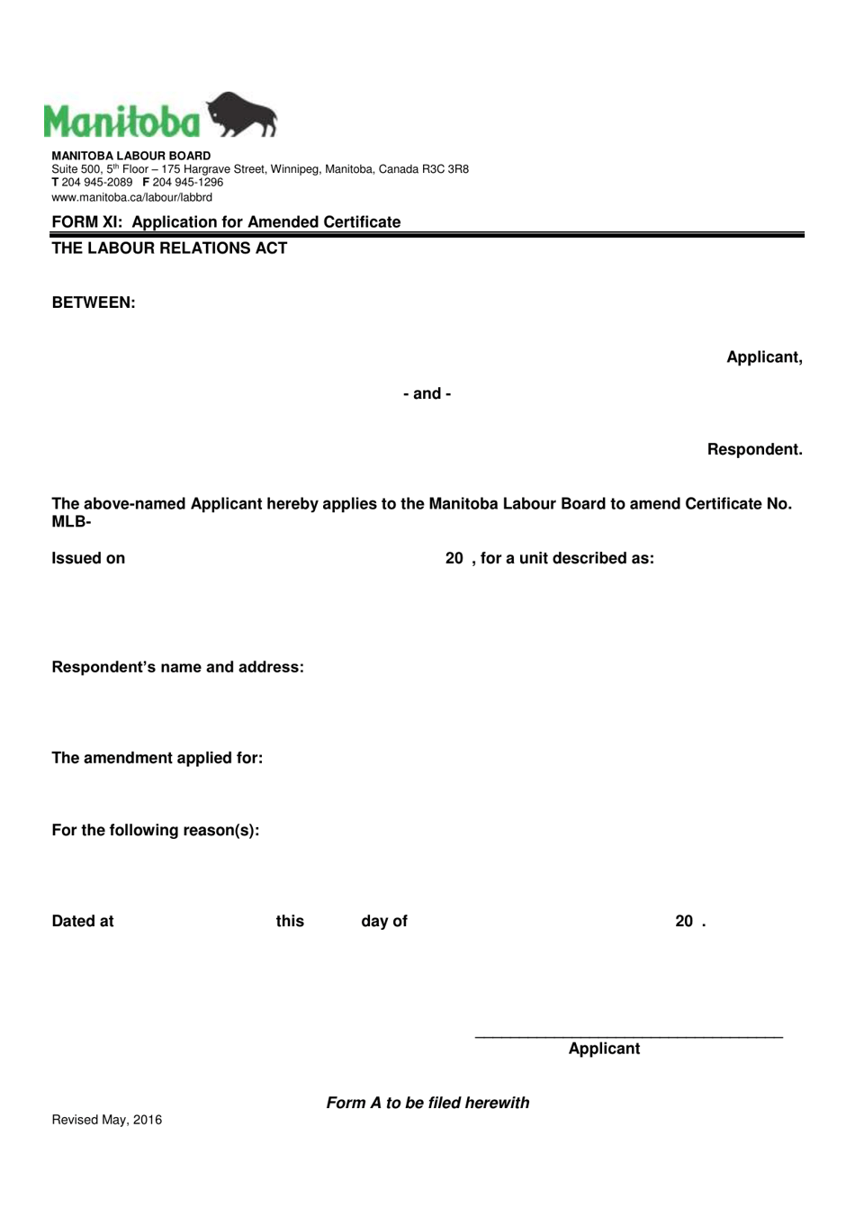 Form XI Application for Amended Certificate - Manitoba, Canada, Page 1