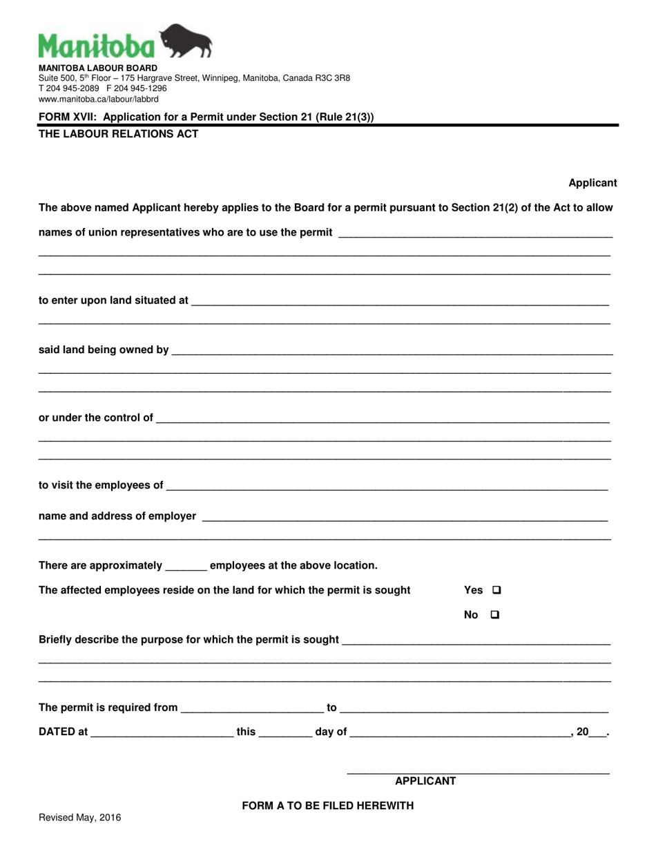 Form XVII Application for a Permit Under Section 21 (Rule 21(3)) - Manitoba, Canada, Page 1