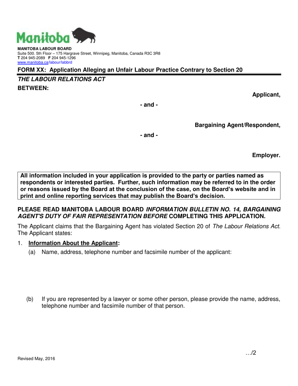 Form XX Application Alleging an Unfair Labour Practice Contrary to Section 20 - Manitoba, Canada, Page 1