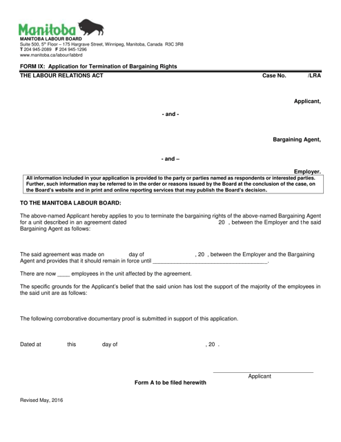 Form IX Application for Termination of Bargaining Rights - Manitoba, Canada