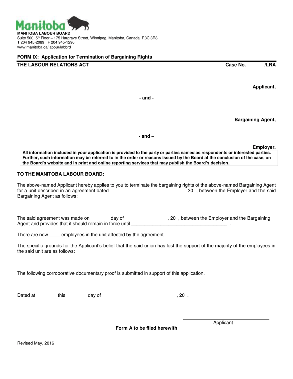 Form IX Application for Termination of Bargaining Rights - Manitoba, Canada, Page 1