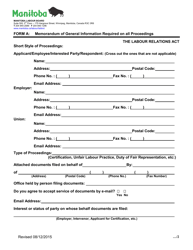 Form A &quot;Memorandum of General Information Required on All Proceedings&quot; - Manitoba, Canada