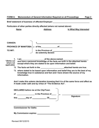 Form A Memorandum of General Information Required on All Proceedings - Manitoba, Canada, Page 2