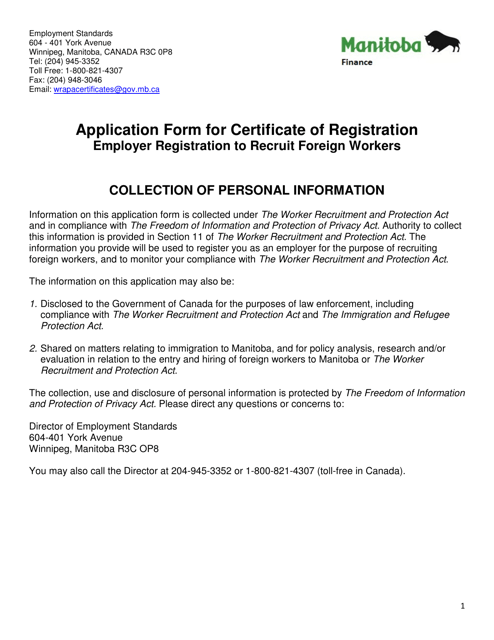 Application Form for Certificate of Registration - Employer Registration to Recruit Foreign Workers - Manitoba, Canada Download Pdf