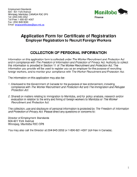 Application Form for Certificate of Registration - Employer Registration to Recruit Foreign Workers - Manitoba, Canada