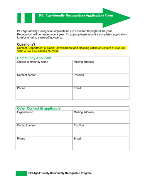 Pei Age-Friendly Recognition Application Form - Prince Edward Island, Canada Download Pdf