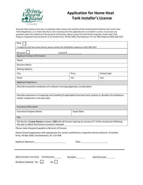 Application for Home Heat Tank Installer's License - Prince Edward Island, Canada