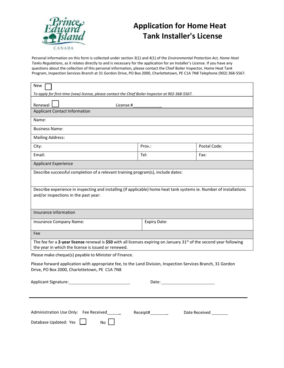 Application for Home Heat Tank Installers License - Prince Edward Island, Canada, Page 1