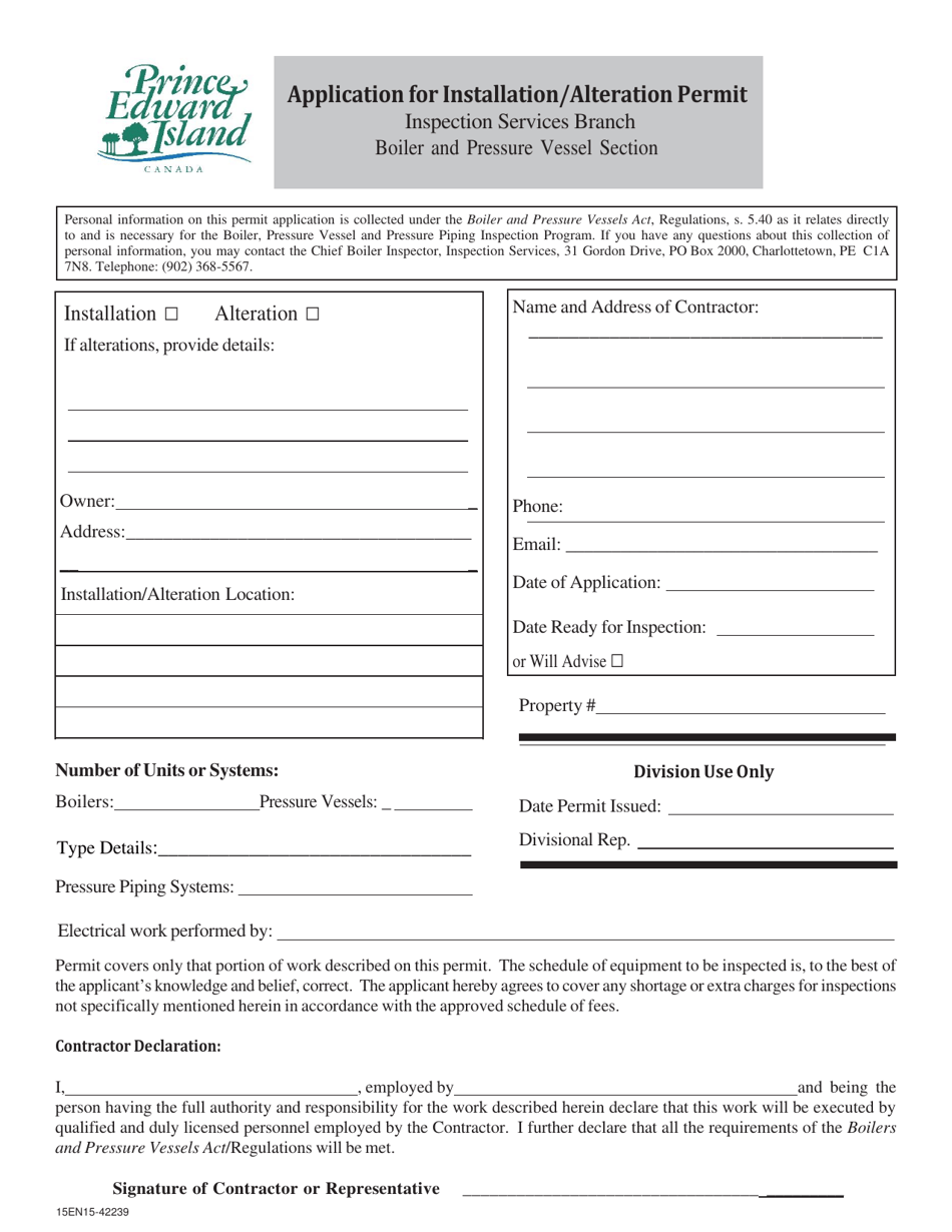 Form 15EN15-42239 Application for Installation / Alteration Permit - Prince Edward Island, Canada, Page 1