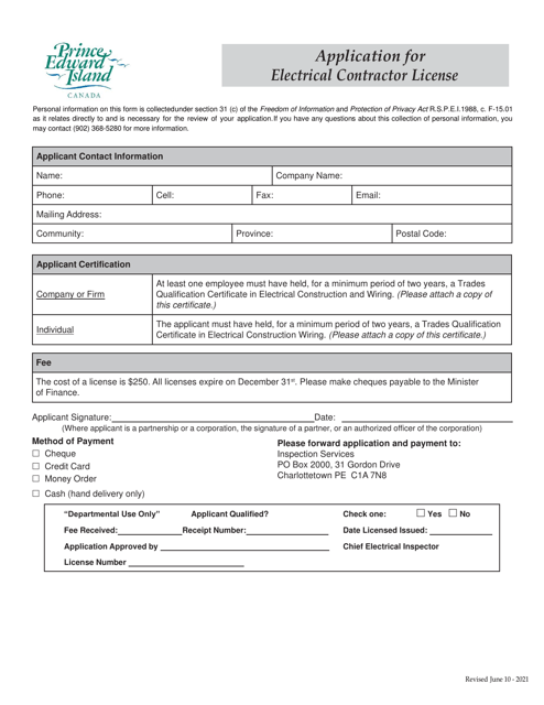 Application for Electrical Contractor License - Prince Edward Island, Canada Download Pdf