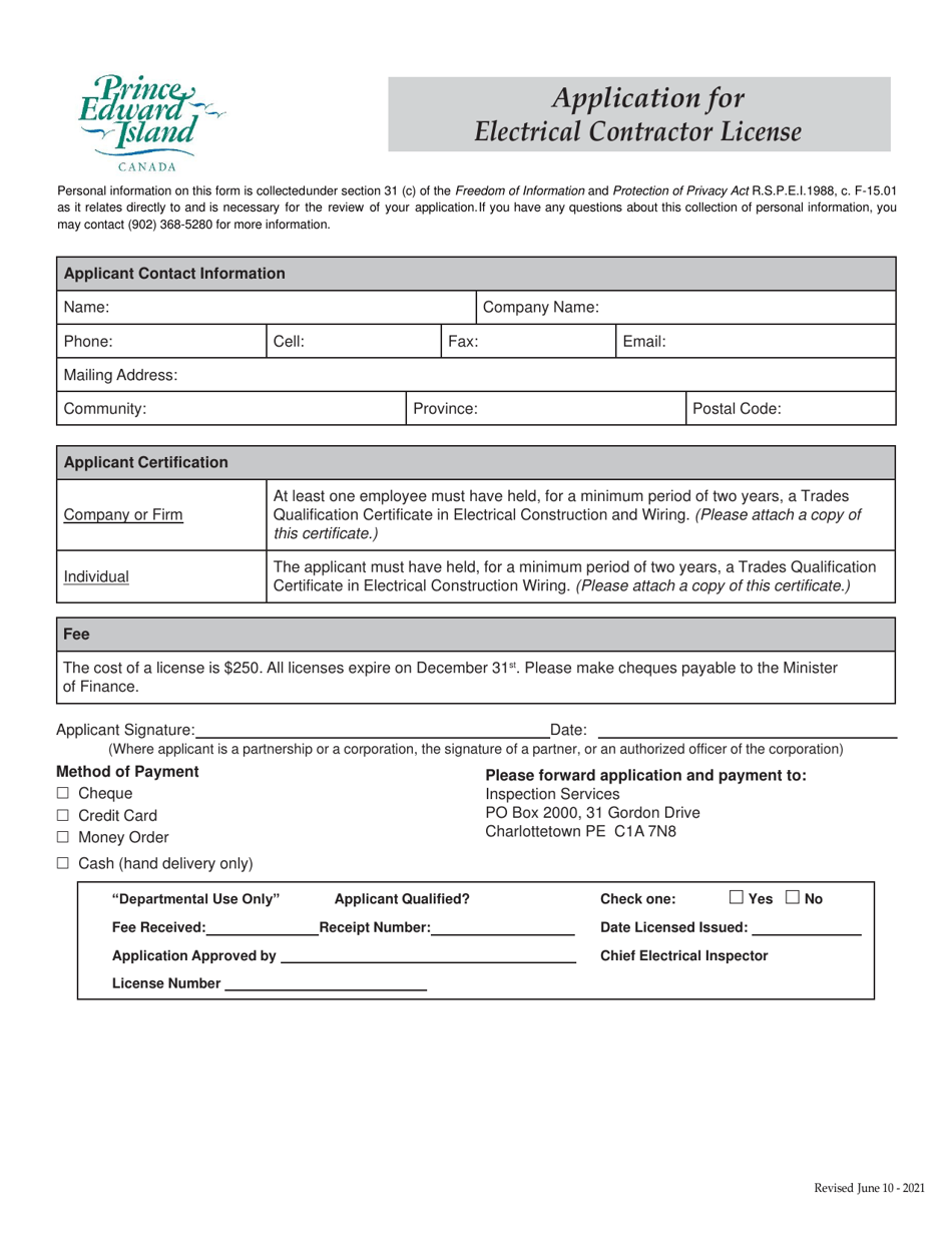 Application for Electrical Contractor License - Prince Edward Island, Canada, Page 1
