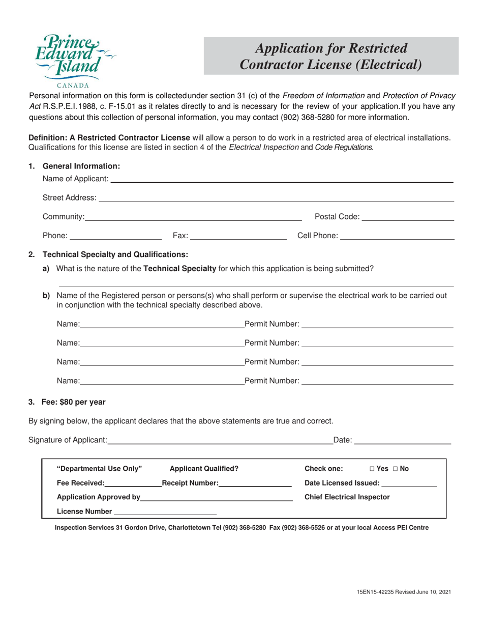 Form 15EN15-42235 Application for Restricted Contractor License (Electrical) - Prince Edward Island, Canada, Page 1