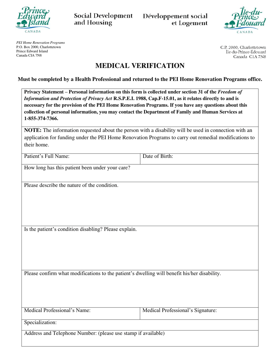 Medical Verification - Prince Edward Island, Canada, Page 1