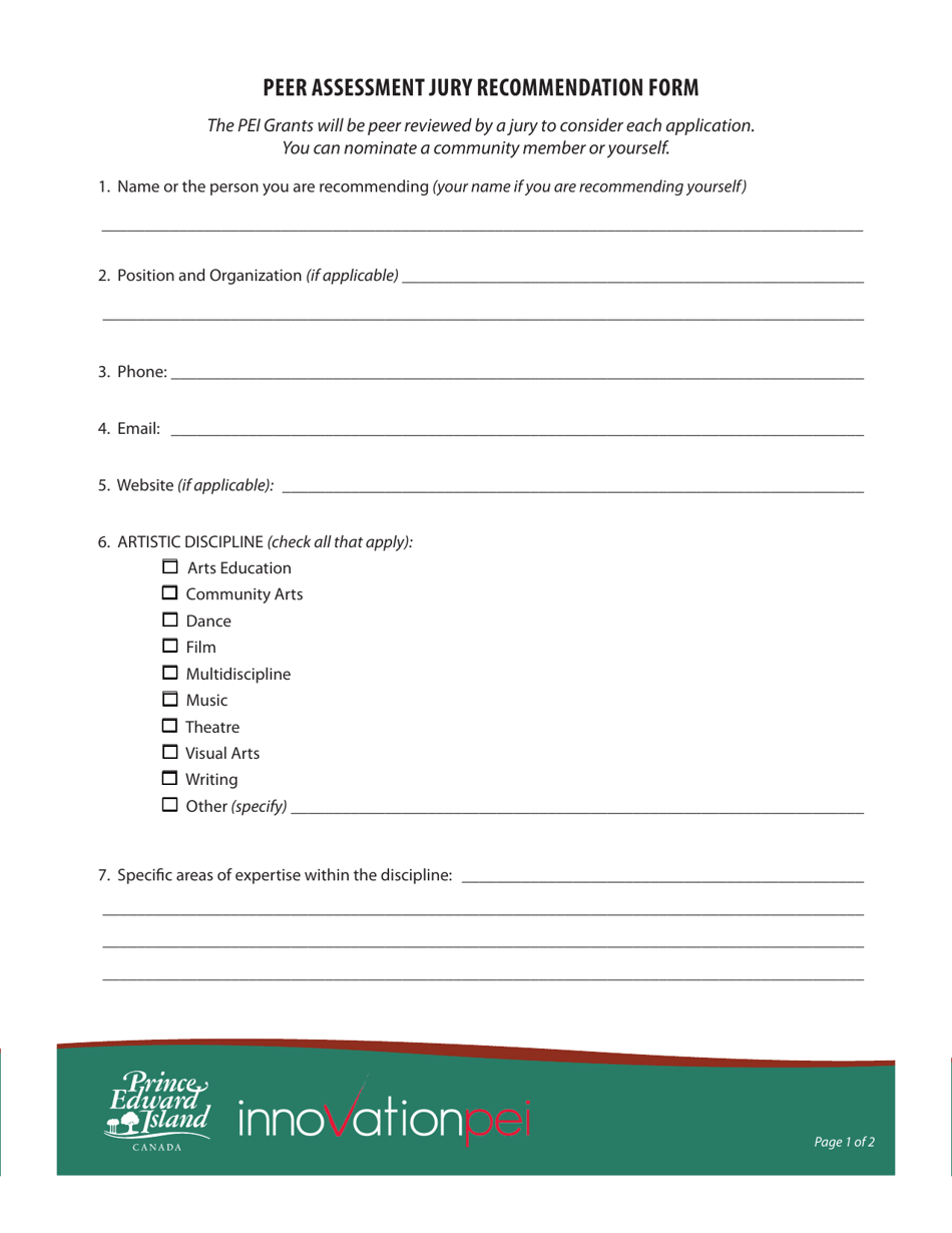 Peer Assessment Jury Recommendation Form - Prince Edward Island, Canada, Page 1