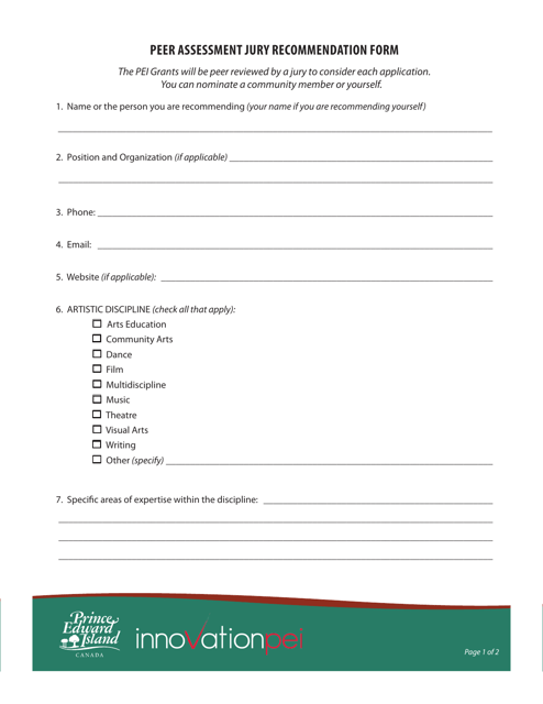 Peer Assessment Jury Recommendation Form - Prince Edward Island, Canada