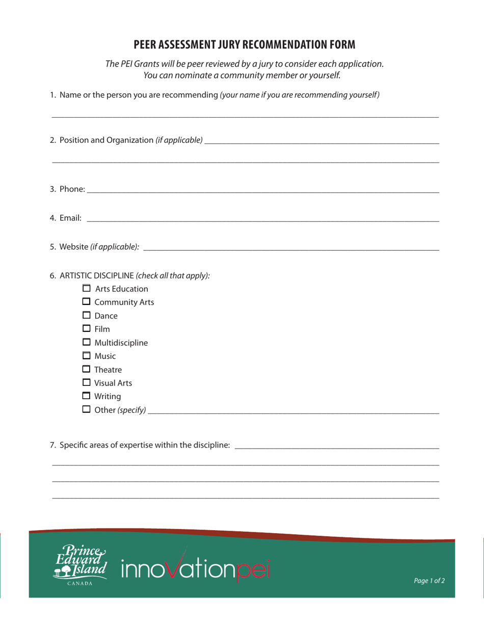 Prince Edward Island Canada Peer Assessment Jury Form Fill Out, Sign Online and