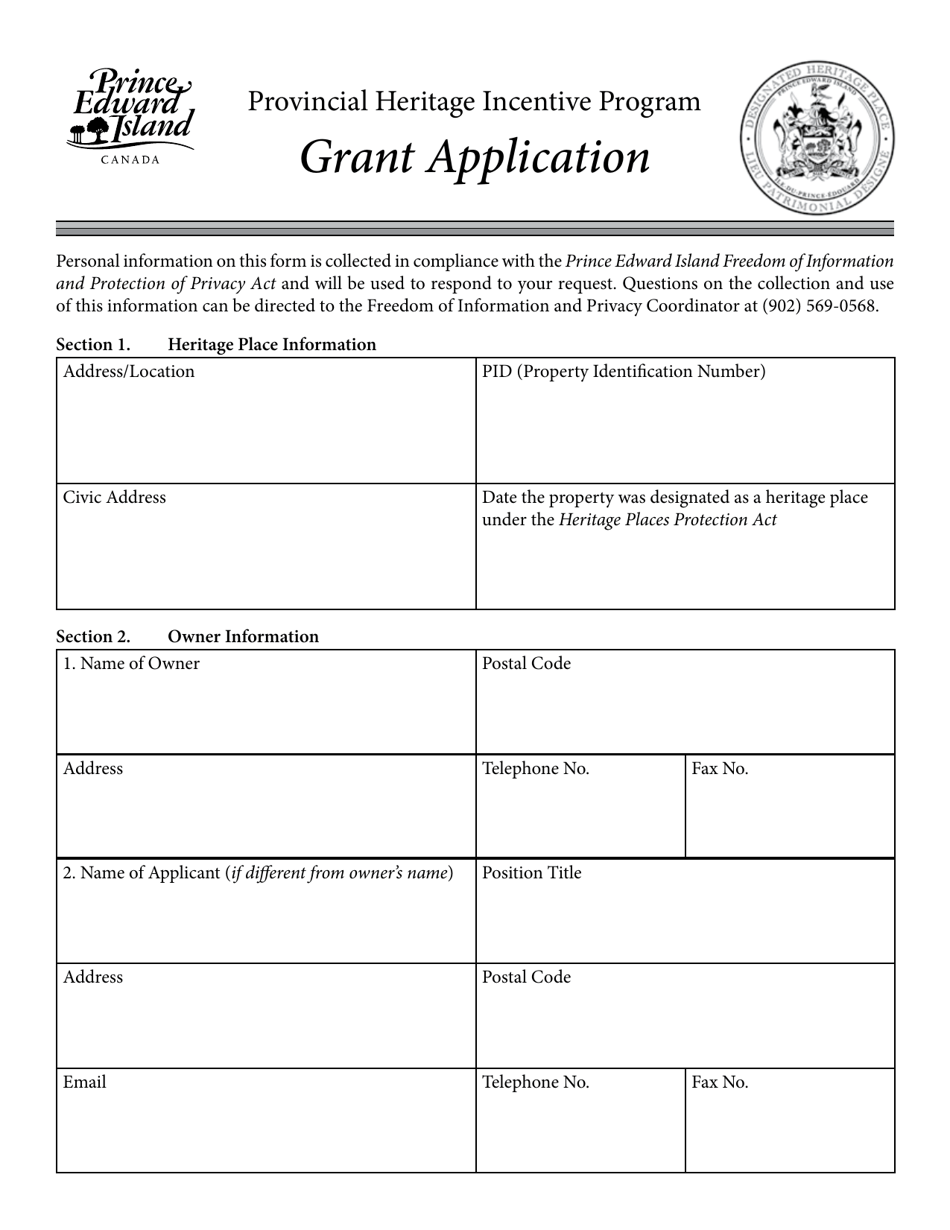 Form 16CU15-44057 Provincial Heritage Incentive Program Grant Application - Prince Edward Island, Canada, Page 1
