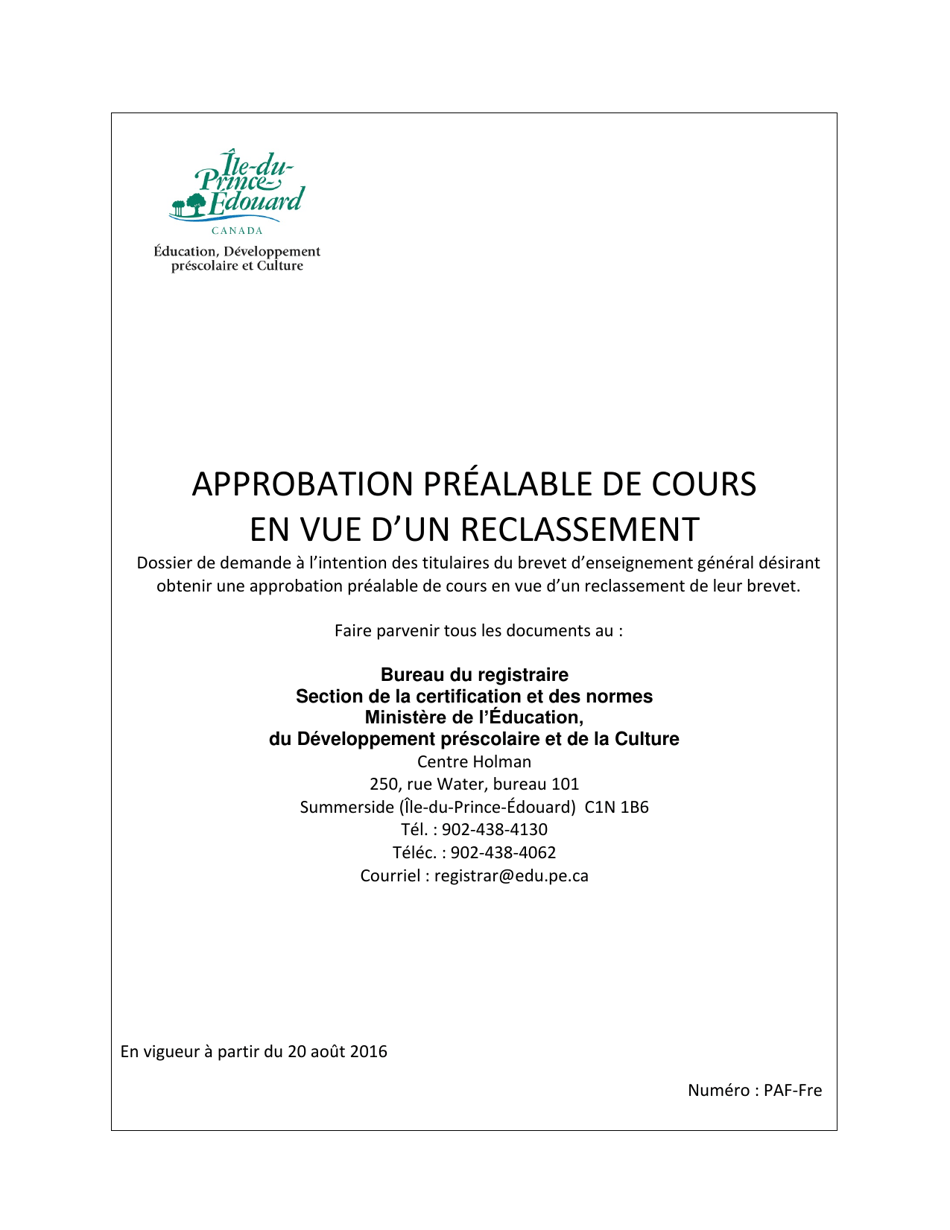 Forme PAF Approbation Prealable De Cours En Vue Dun Reclassement - Prince Edward Island, Canada (French), Page 1
