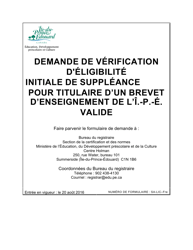 Forme SA-LIC Demande De Verification D'eligibilite Initiale De Suppleance Pour Titulaire D'un Brevet D'enseignement De L'i.-p.-e. Valide - Prince Edward Island, Canada (French)