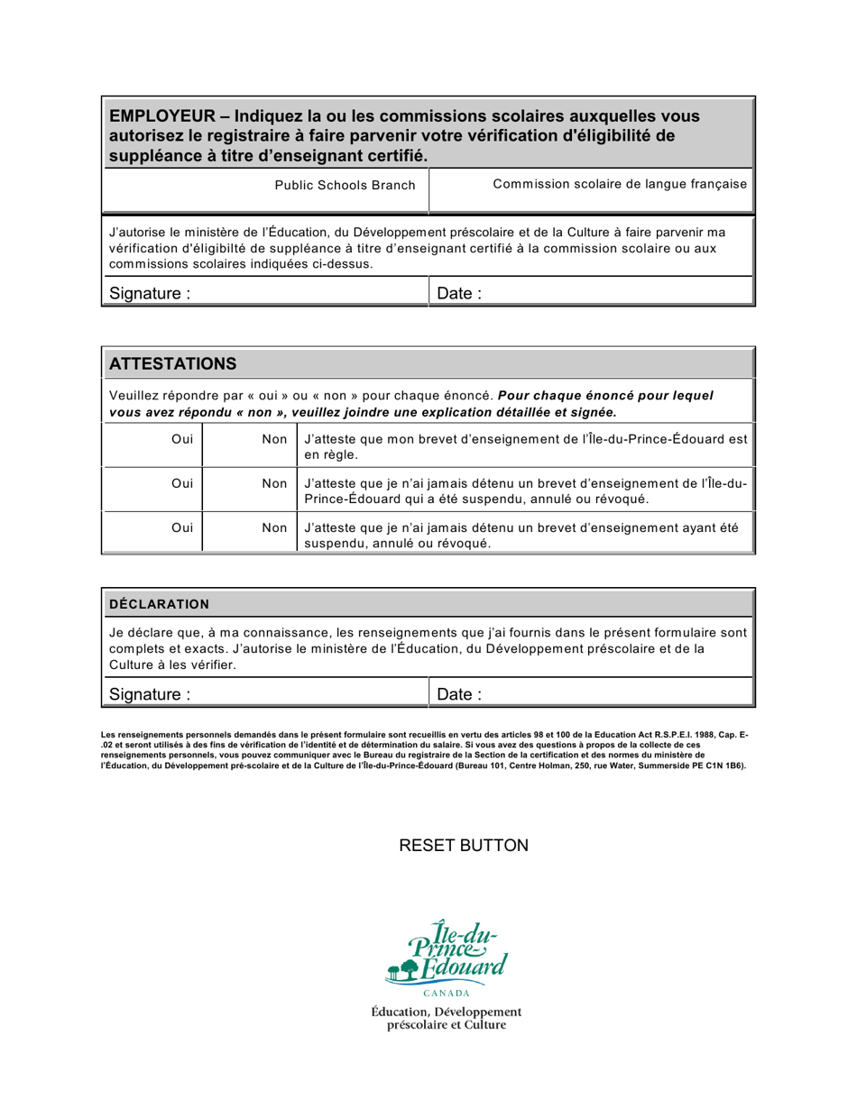 Forme SA-LIC Demande De Verification Deligibilite Initiale De Suppleance Pour Titulaire Dun Brevet Denseignement De Li.-p.-e. Valide - Prince Edward Island, Canada (French), Page 4