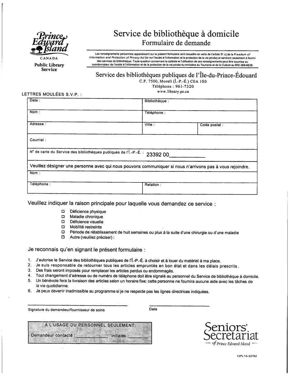 Forme 12PL 15-33762 Service De Bibliotheque a Domicile Formulaire De Demande - Prince Edward Island, Canada (French), Page 1