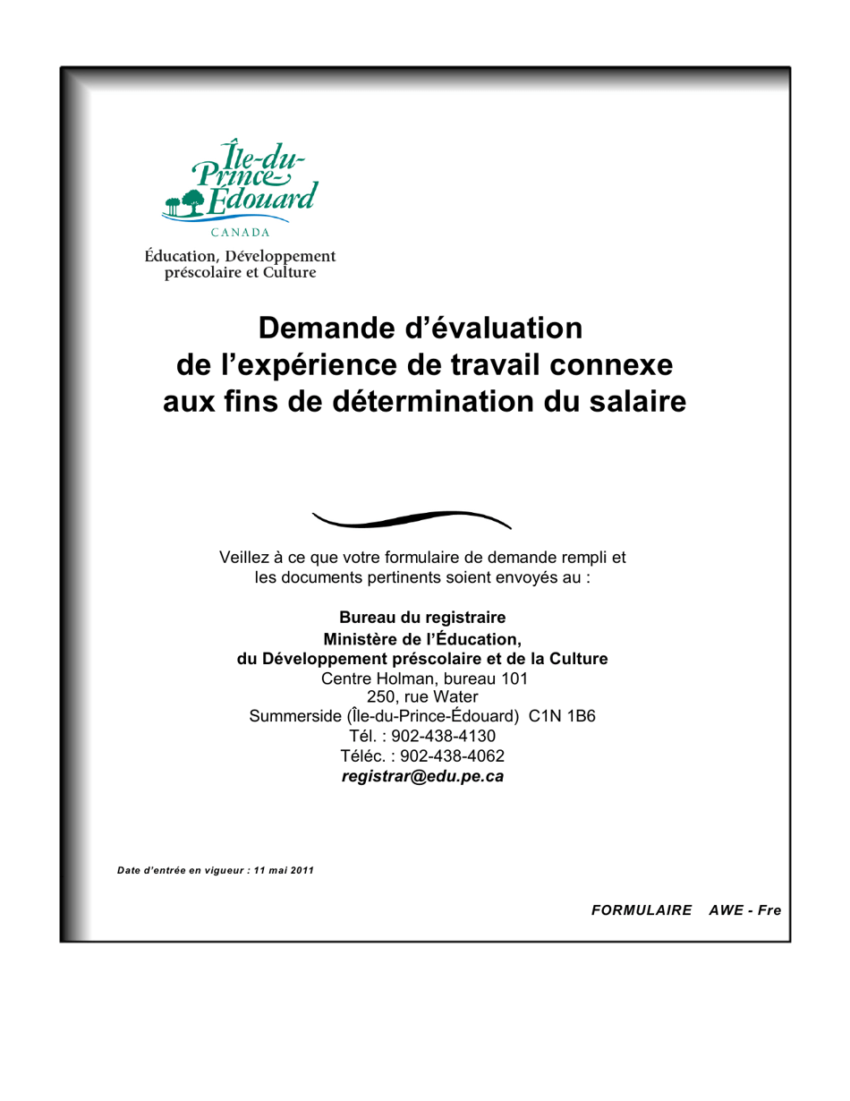 Forme AWE Demande Devaluation De Lexperience De Travail Connexe Aux Fins De Determination Du Salaire - Prince Edward Island, Canada (French), Page 1