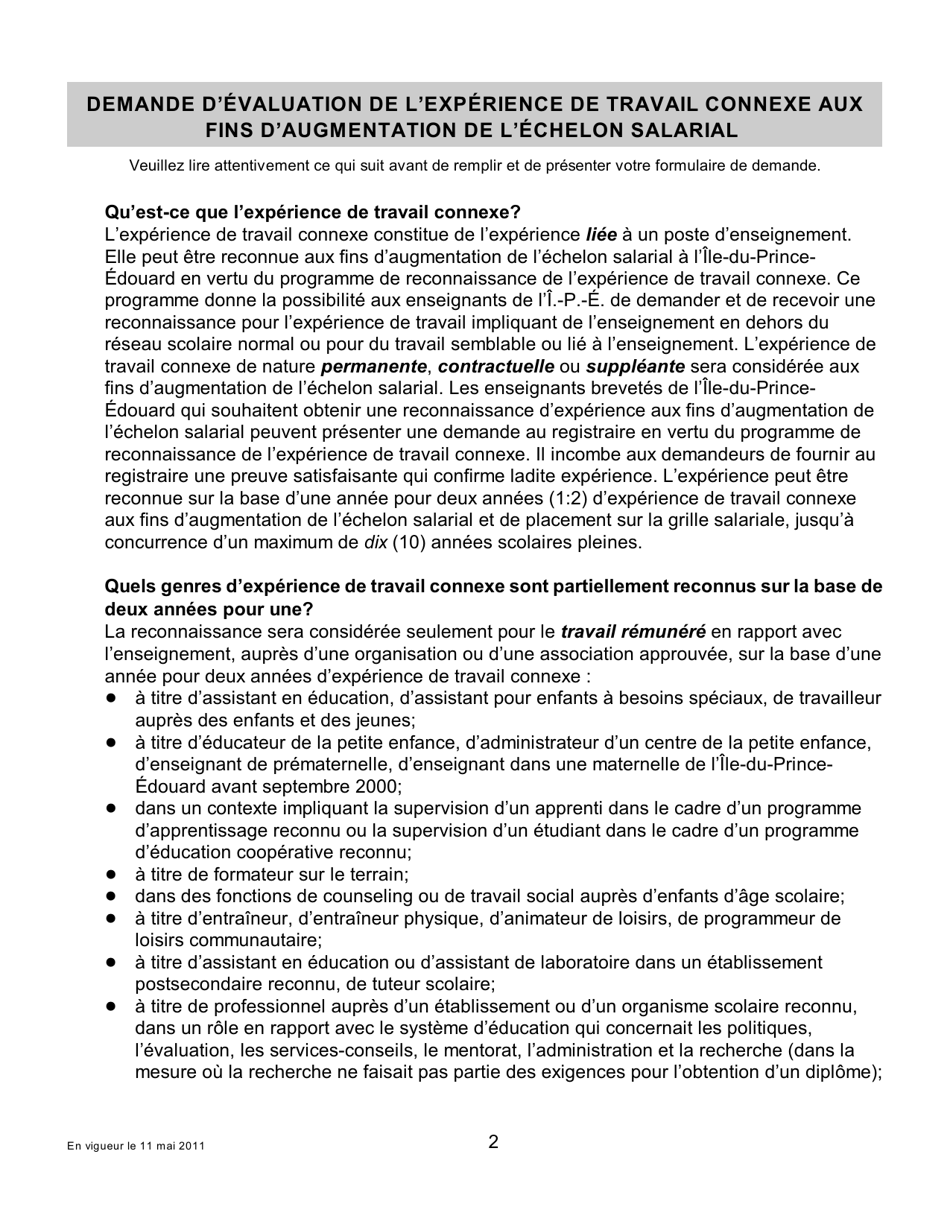 Forme AWE Demande Devaluation De Lexperience De Travail Connexe Aux Fins De Determination Du Salaire - Prince Edward Island, Canada (French), Page 2