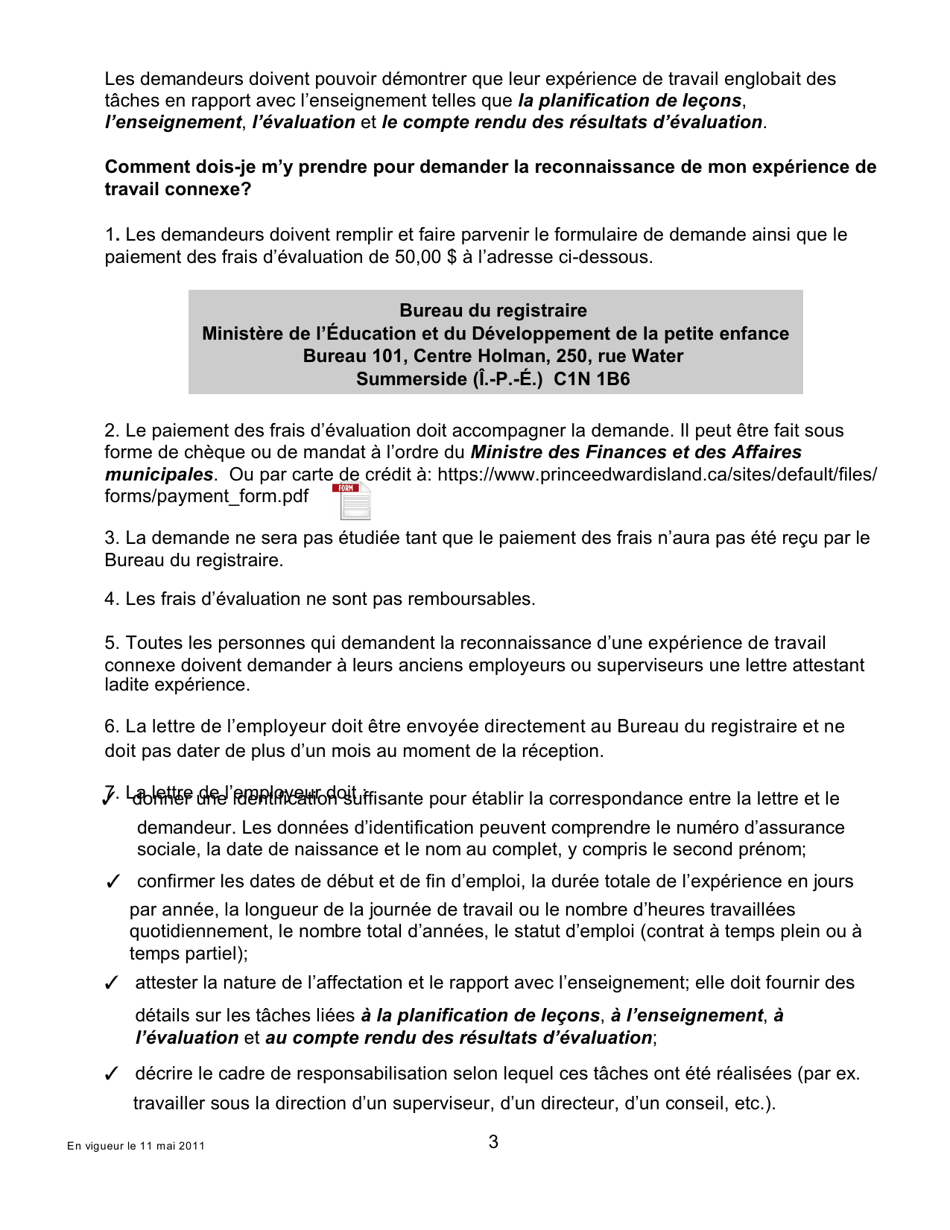 Forme AWE Demande Devaluation De Lexperience De Travail Connexe Aux Fins De Determination Du Salaire - Prince Edward Island, Canada (French), Page 3