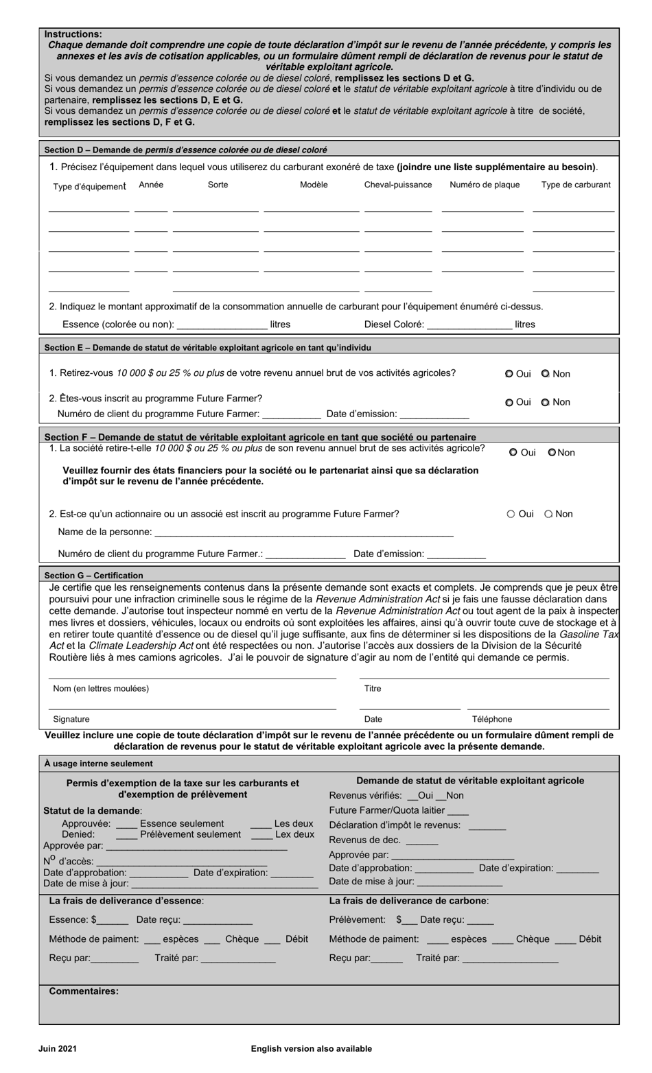 Demande De Permis Dessence Coloree Et / Ou De Diesel Colore Et Lexemption De Prelevement Et De Statut De Veritable Exploitant Agricole Pour Les Agriculteurs - Prince Edward Island, Canada (French), Page 2