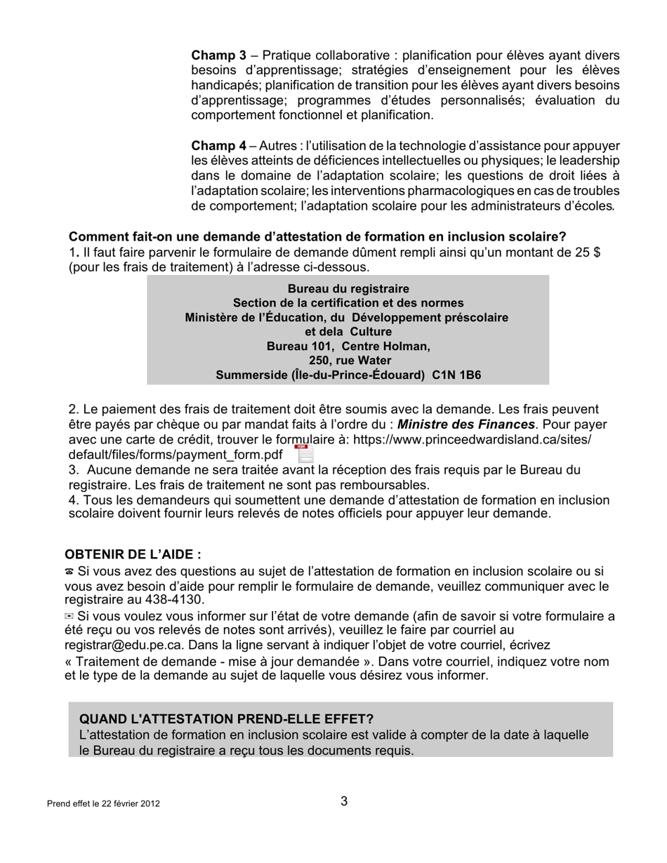 Forme AD INC ED Demande Dattestation De Formation En Inclusion Scolaire Sur Un Brevet Denseignement De Li.-p.-e. - Prince Edward Island, Canada (French), Page 3