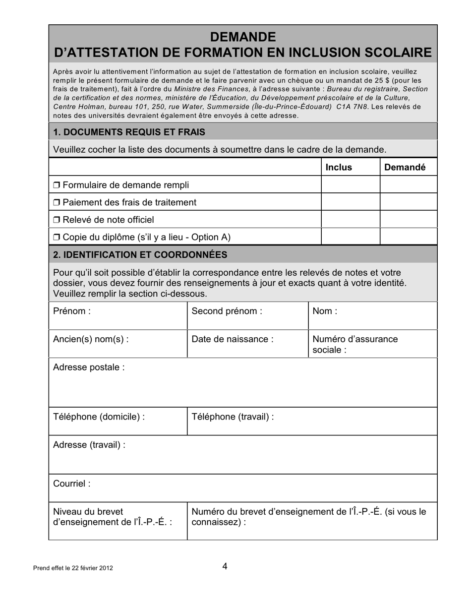 Forme AD INC ED Demande Dattestation De Formation En Inclusion Scolaire Sur Un Brevet Denseignement De Li.-p.-e. - Prince Edward Island, Canada (French), Page 4