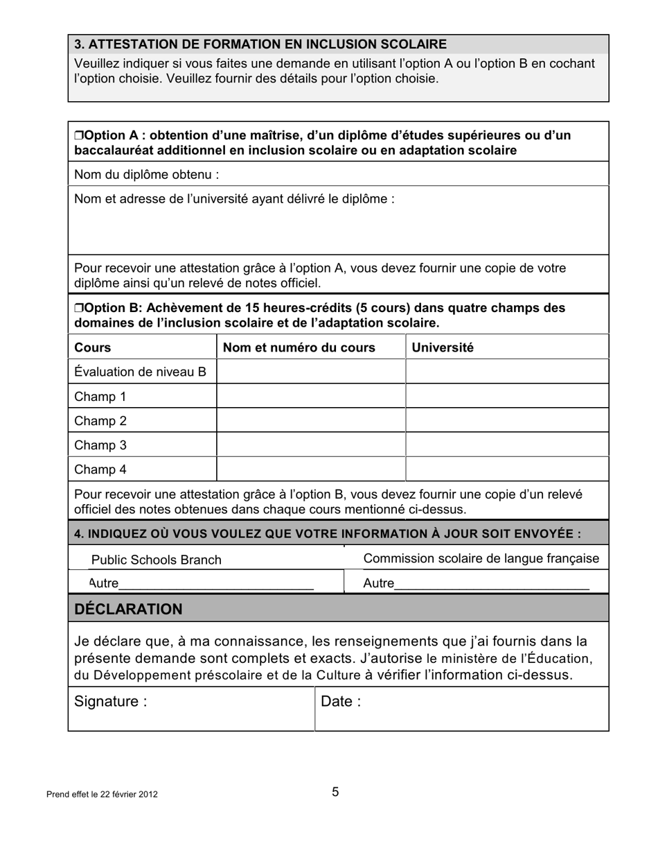 Forme AD INC ED Demande Dattestation De Formation En Inclusion Scolaire Sur Un Brevet Denseignement De Li.-p.-e. - Prince Edward Island, Canada (French), Page 5
