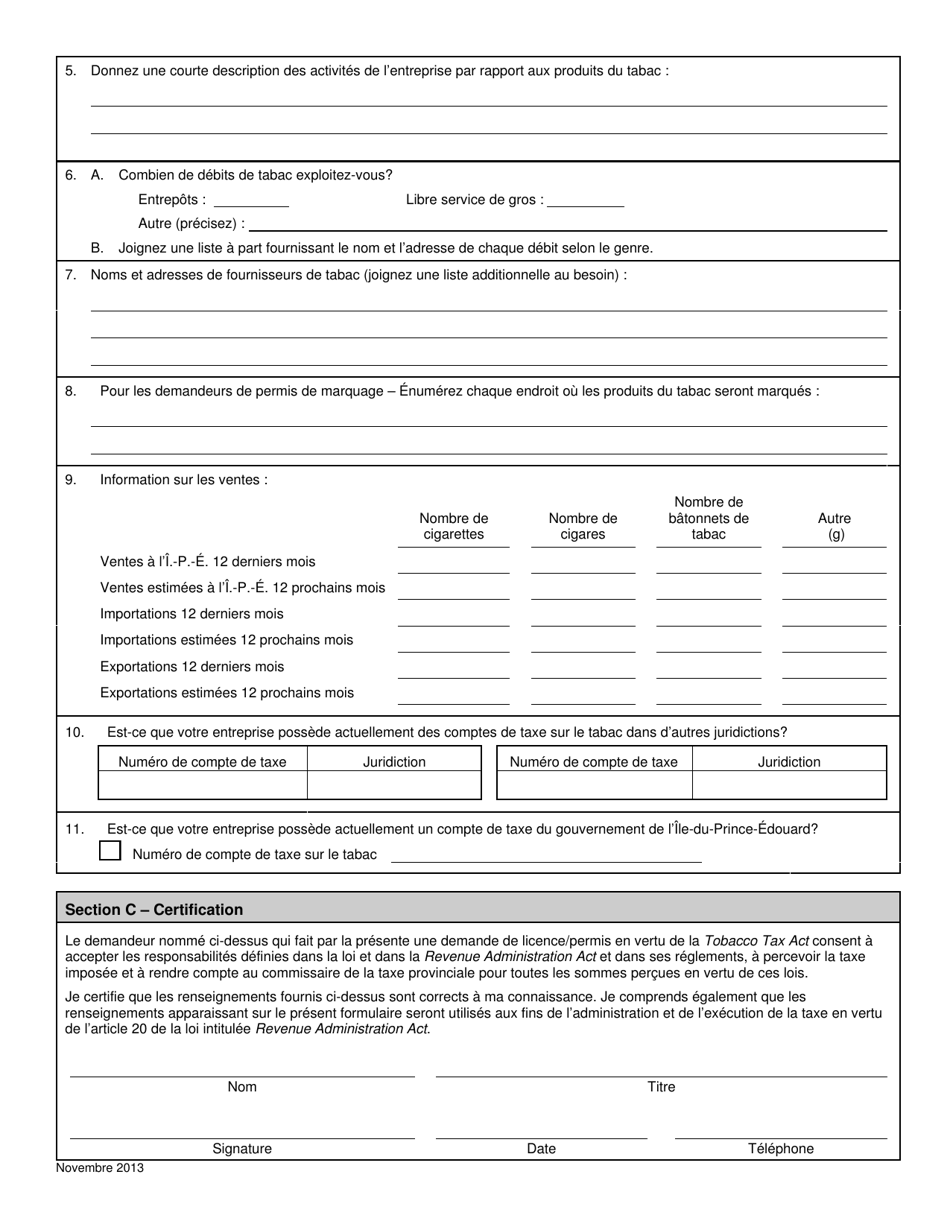 Demande De Permis De Vente En Gros Et / Ou De Marquage Ou Dexemption De Marquage Pour Un Fabricant De Tabac - Prince Edward Island, Canada (French), Page 2