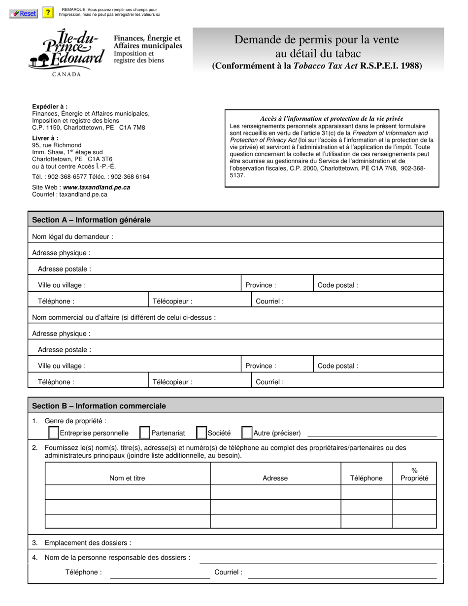 Prince Edward Island Canada Demande De Permis Pour La Vente Au Detail