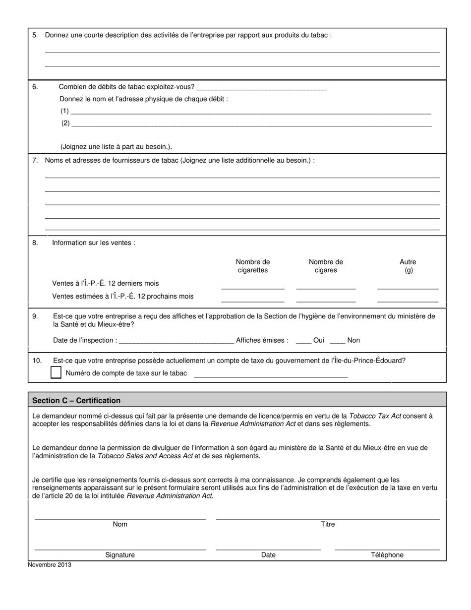 Demande De Permis Pour La Vente Au Detail Du Tabac - Prince Edward Island, Canada (French), Page 2