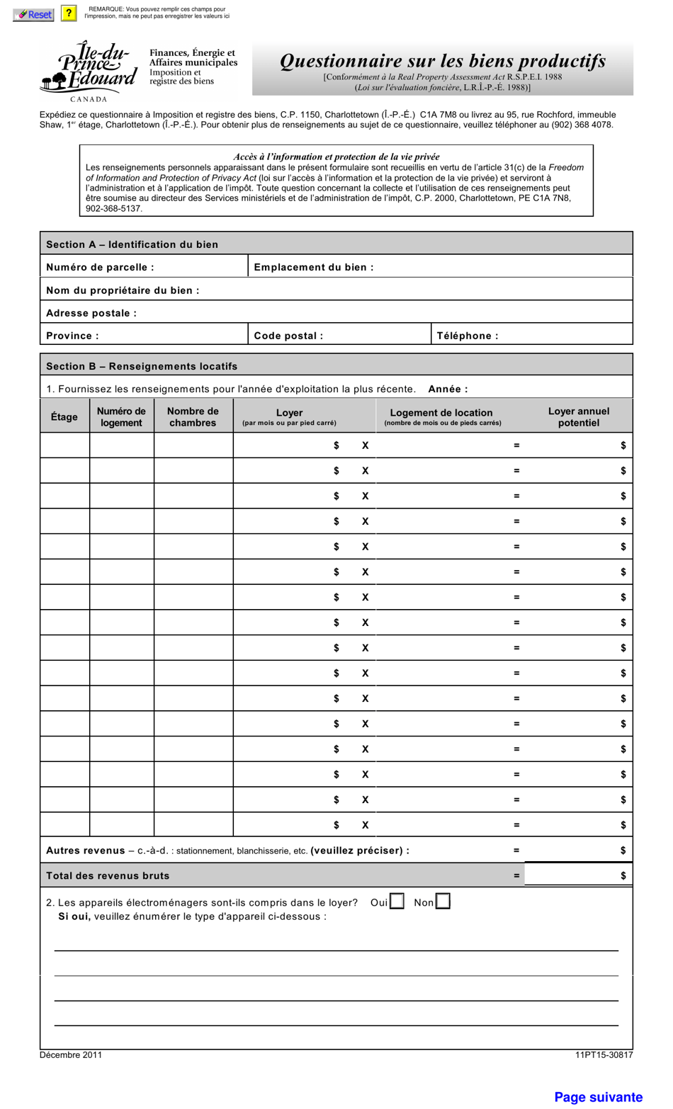Forme 11PT15-30817 Questionnaire Sur Les Biens Productifs - Prince Edward Island, Canada (French), Page 1